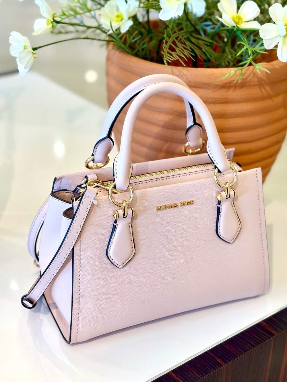 Michael Kors Pink Saffiano Small Satchel Crossbody with Gold Hardware